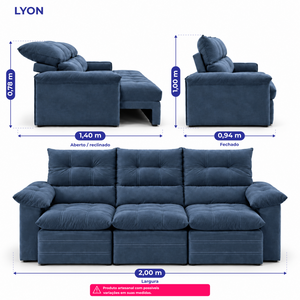 Sofá 3 Lugares Retrátil e Reclinável Lyon Velusoft Cama inBox