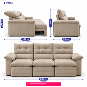Sofá 3 Lugares Retrátil e Reclinável Lyon Velusoft Cama inBox