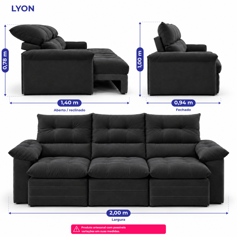 Sofá 3 Lugares Retrátil e Reclinável Lyon Velusoft Cama inBox
