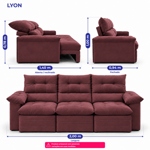 Sofá 3 Lugares Retrátil e Reclinável Lyon Velusoft Cama inBox