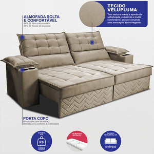 Sofá Retrátil e Reclinável 2,10m Verona com Porta Copos Velupluma Cama inBox