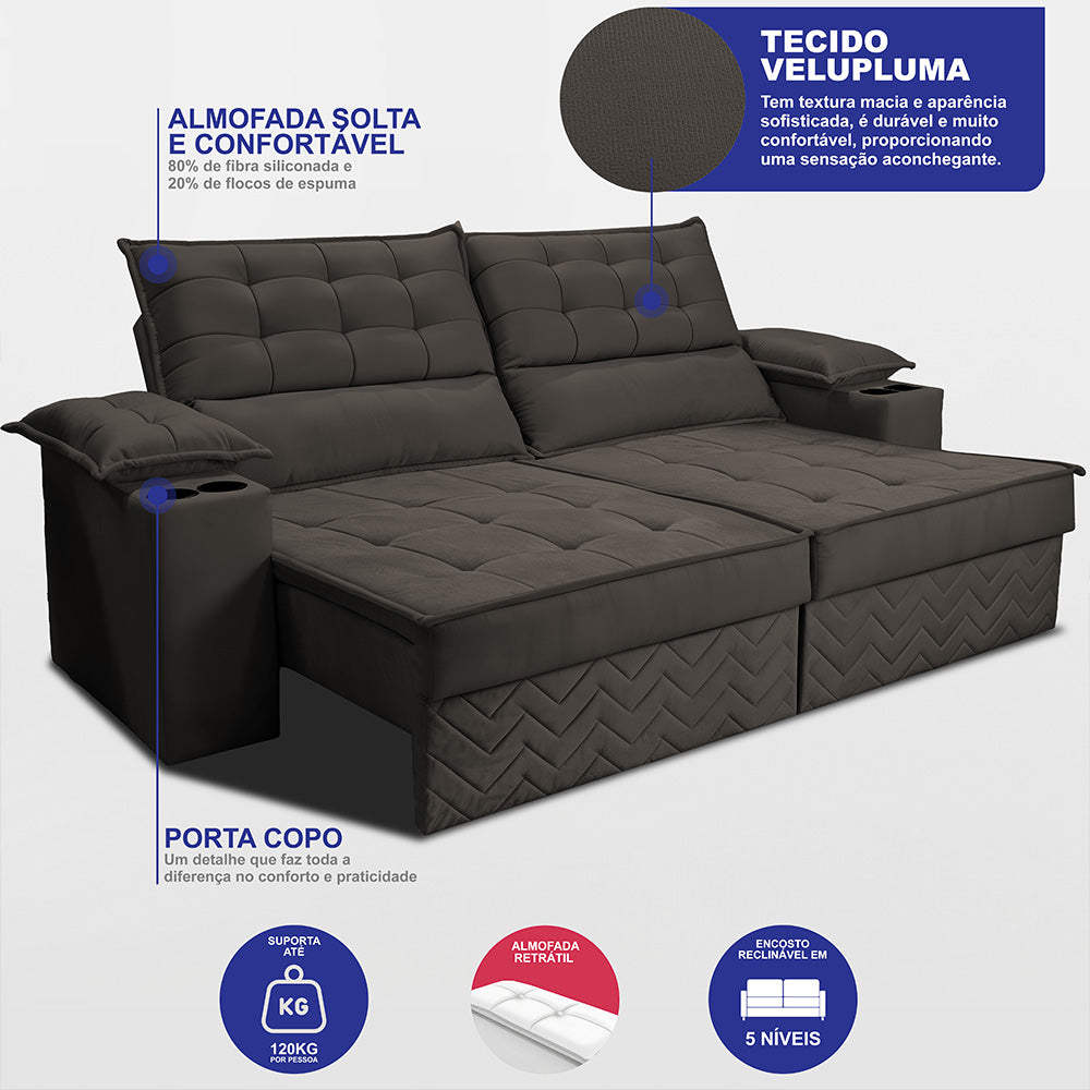Sofá Retrátil e Reclinável 2,10m Verona com Porta Copos Velupluma Cama inBox