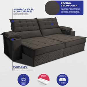 Sofá Retrátil e Reclinável 2,10m Verona com Porta Copos Velupluma Cama inBox