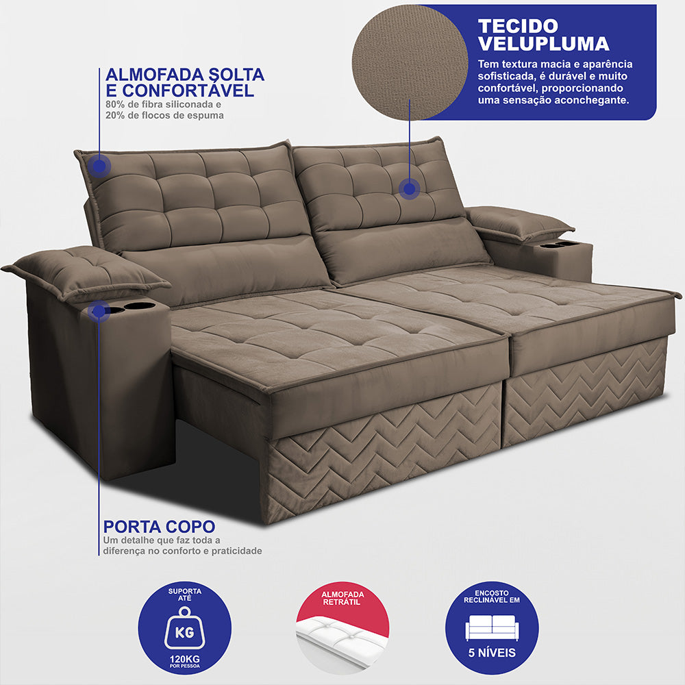 Sofá Retrátil e Reclinável 2,10m Verona com Porta Copos Velupluma Cama inBox