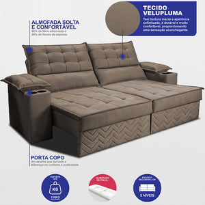 Sofá Retrátil e Reclinável 2,10m Verona com Porta Copos Velupluma Cama inBox