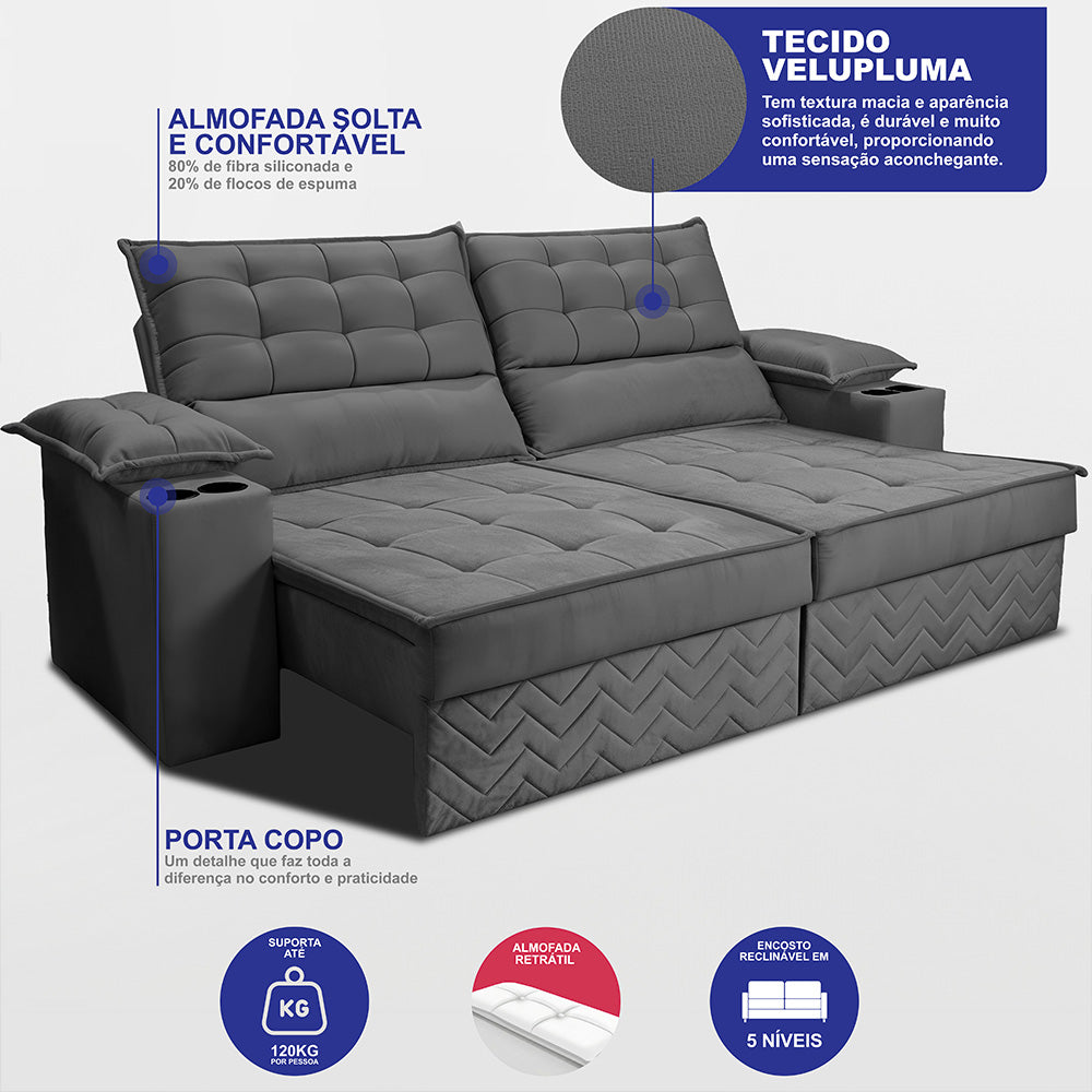 Sofá Retrátil e Reclinável 2,10m Verona com Porta Copos Velupluma Cama inBox