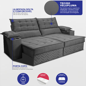 Sofá Retrátil e Reclinável 2,10m Verona com Porta Copos Velupluma Cama inBox