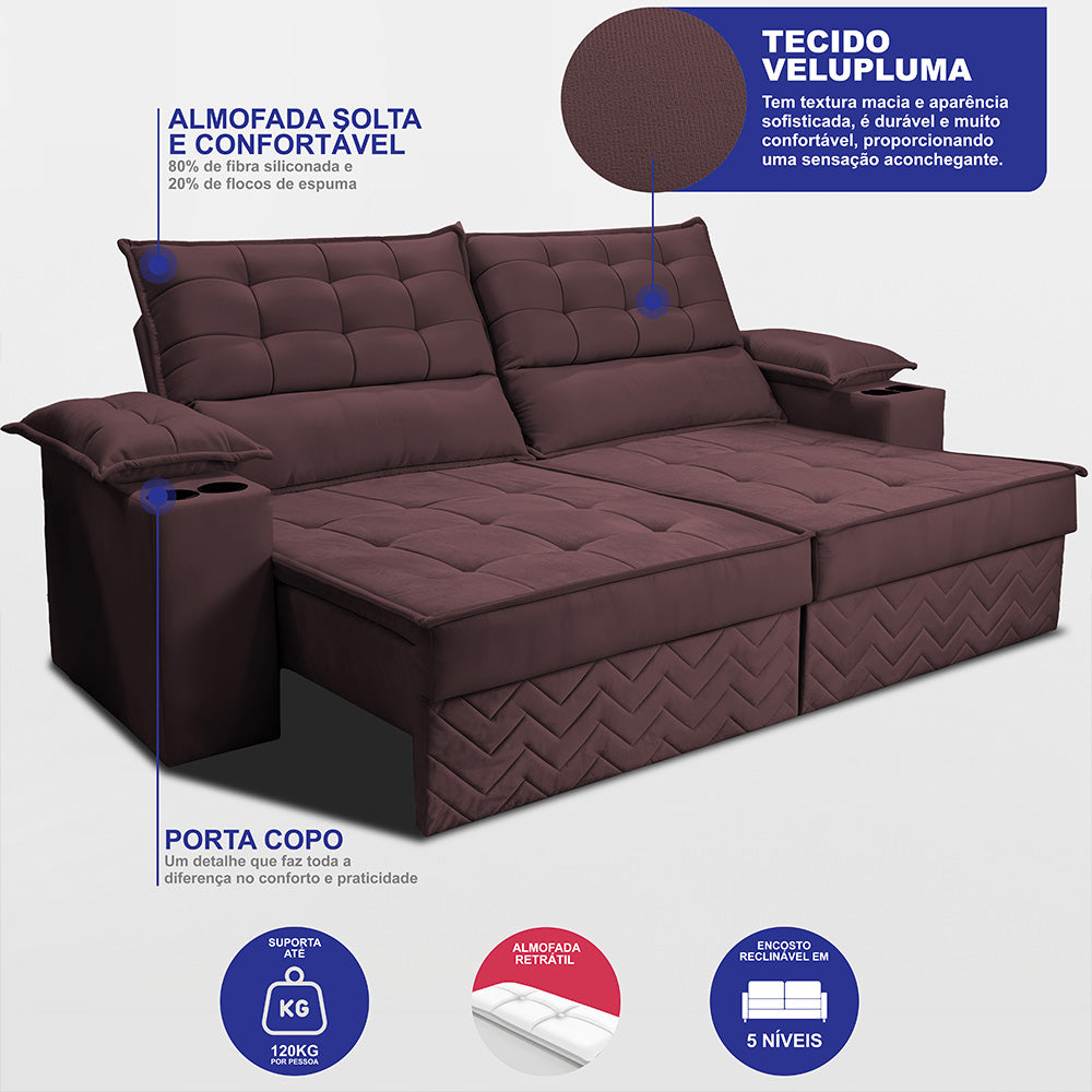 Sofá Retrátil e Reclinável 2,10m Verona com Porta Copos Velupluma Cama inBox