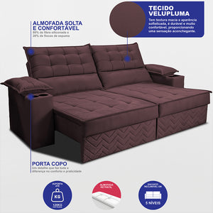 Sofá Retrátil e Reclinável 2,10m Verona com Porta Copos Velupluma Cama inBox