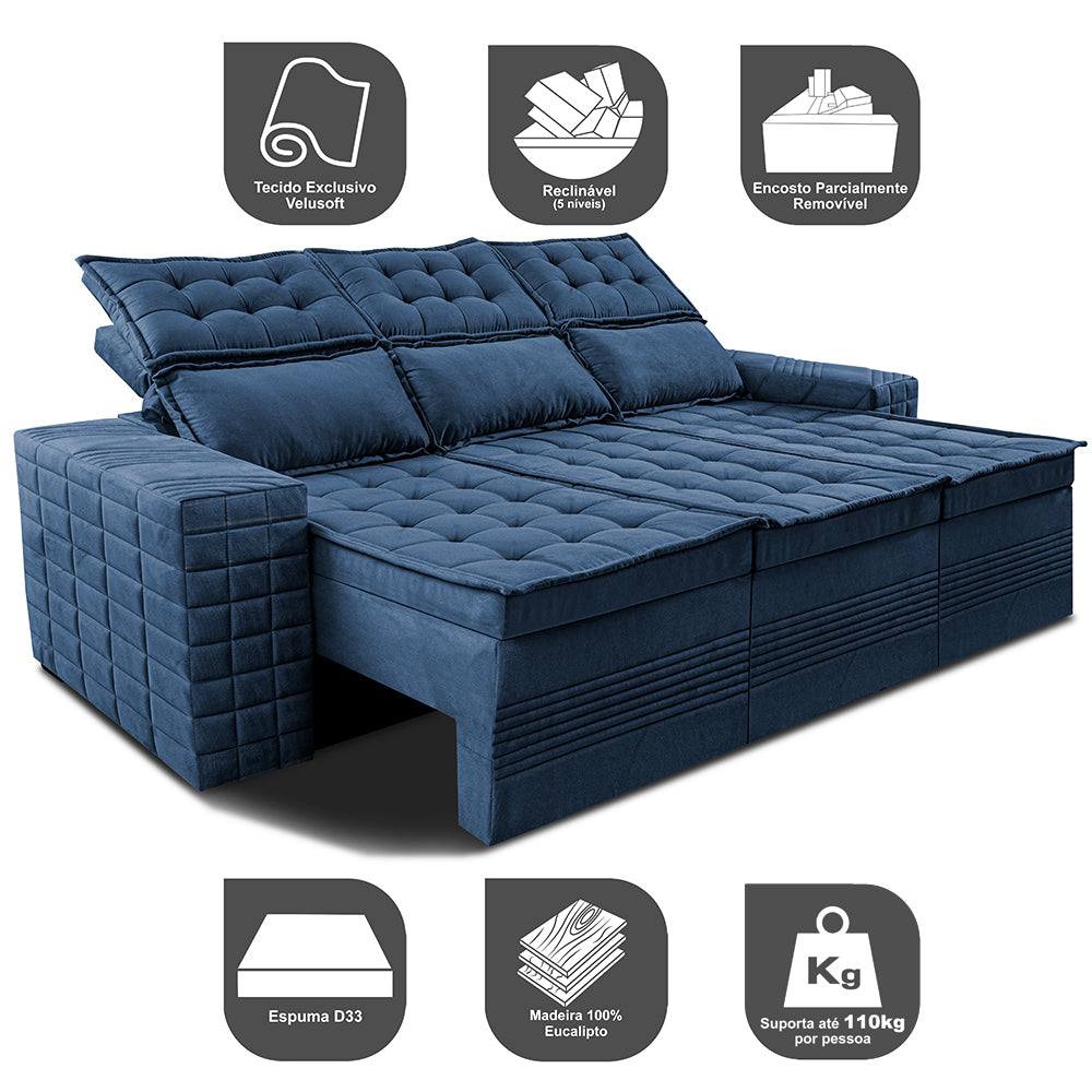 Sofá 3 Lugares Retrátil e Reclinável Cama inBox Senses 2,00m Velusoft