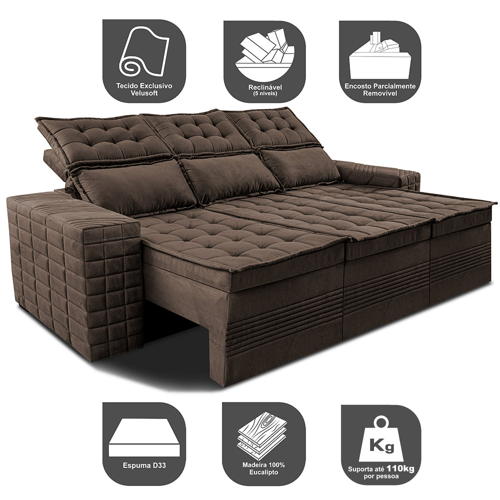Sofá 3 Lugares Retrátil e Reclinável Cama inBox Senses 2,00m Velusoft