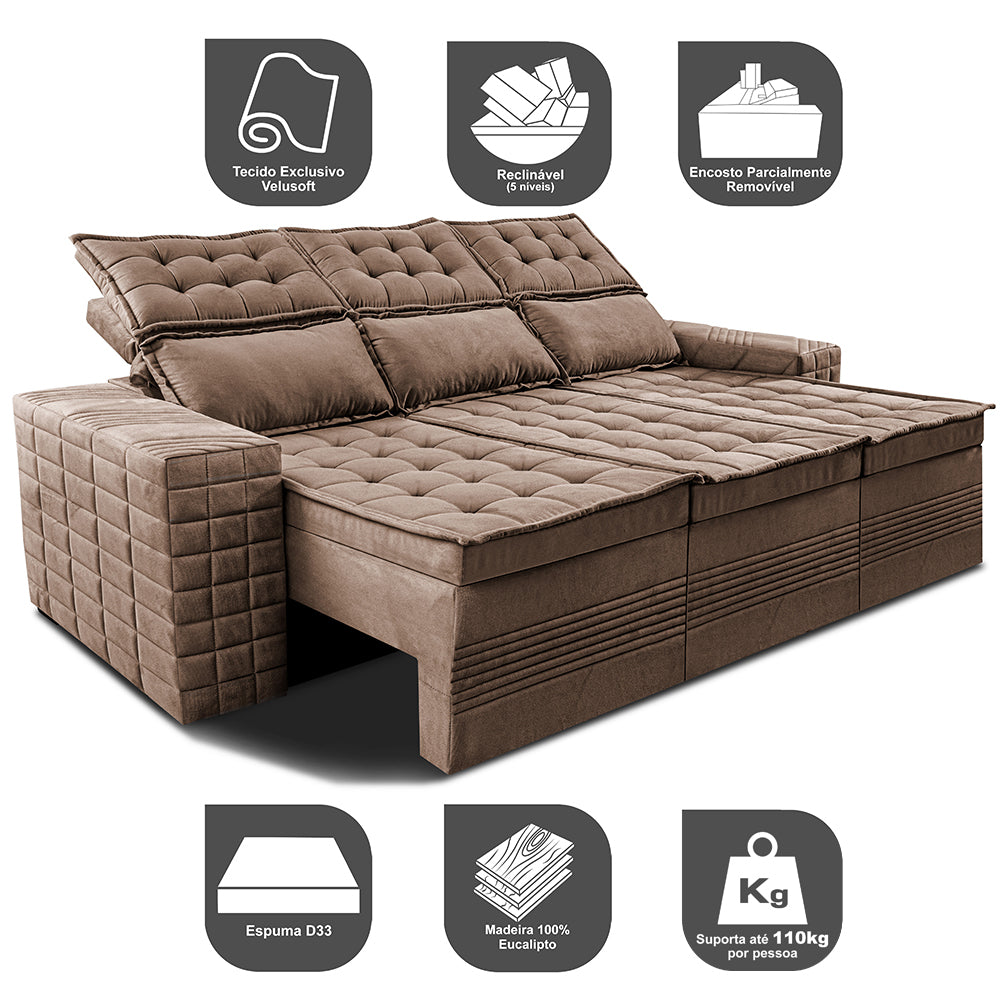 Sofá 3 Lugares Retrátil e Reclinável Cama inBox Senses 2,00m Velusoft