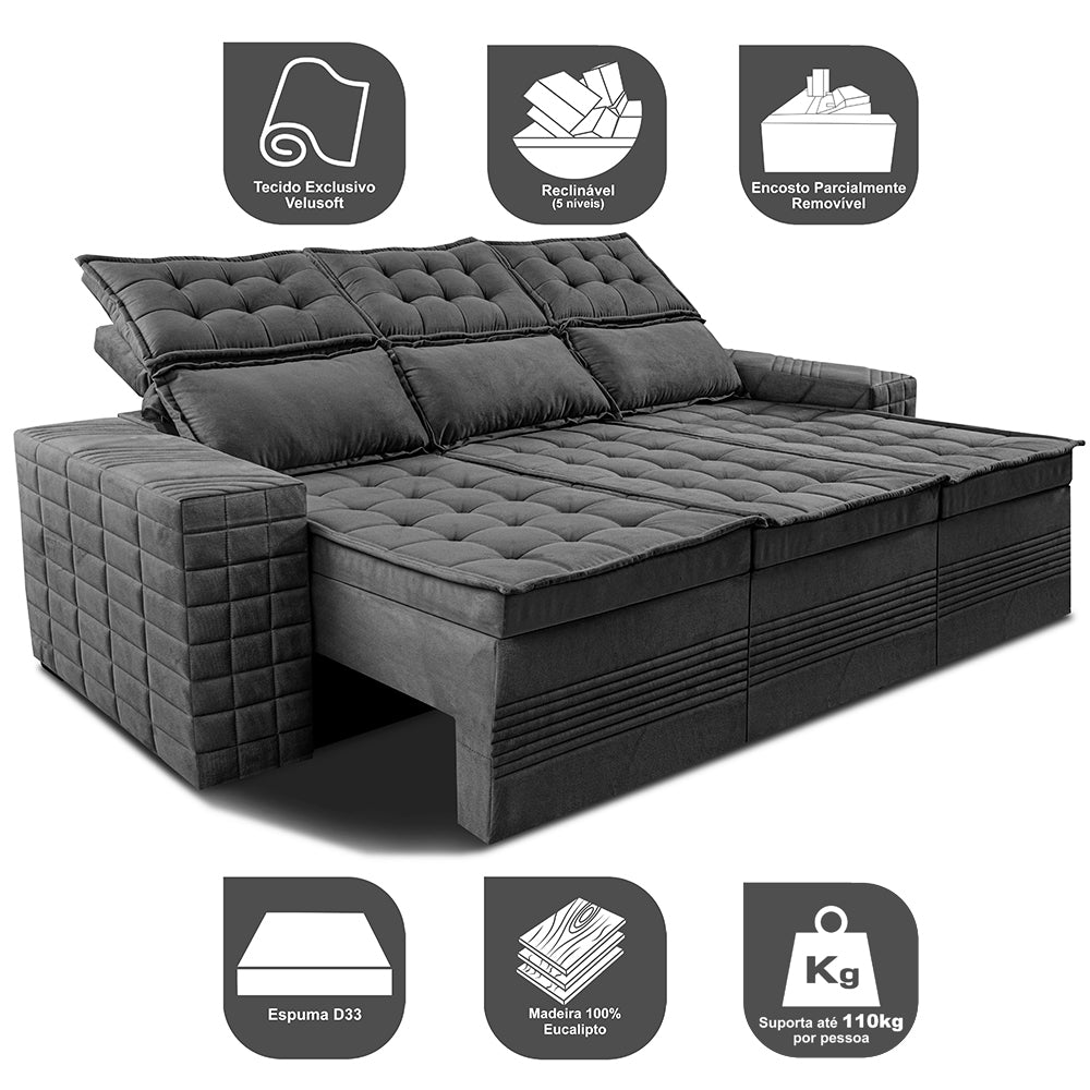 Sofá 3 Lugares Retrátil e Reclinável Cama inBox Senses 2,00m Velusoft