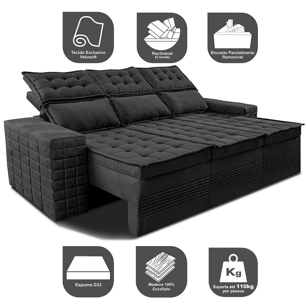 Sofá 3 Lugares Retrátil e Reclinável Cama inBox Senses 2,00m Velusoft