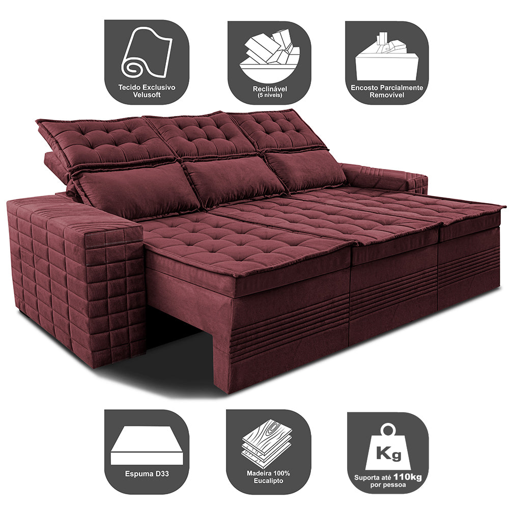 Sofá 3 Lugares Retrátil e Reclinável Cama inBox Senses 2,00m Velusoft