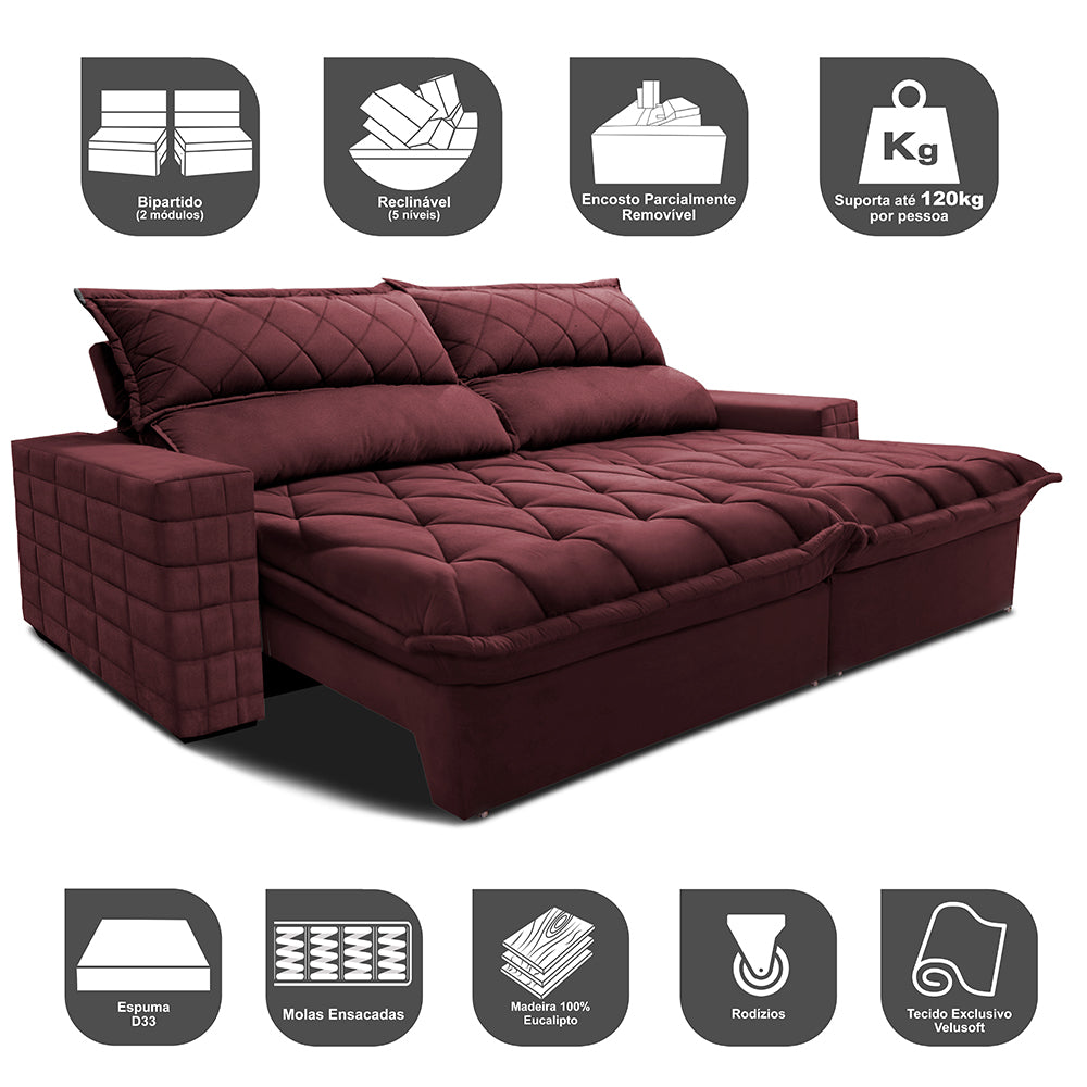 Sofá Retrátil e Reclinável 2,15m Molas Ensacadas Cama inBox Elegance com ThermoGel Velusoft