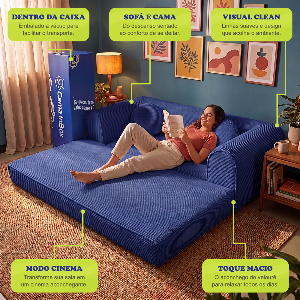 Sofá Cama Cotton Xpand Tech a Vácuo Velourê Cama inBox