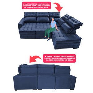 Sofá de Canto Direito Retrátil e Reclinável Nobre com Molas Ensacadas Velusoft Cama inBox