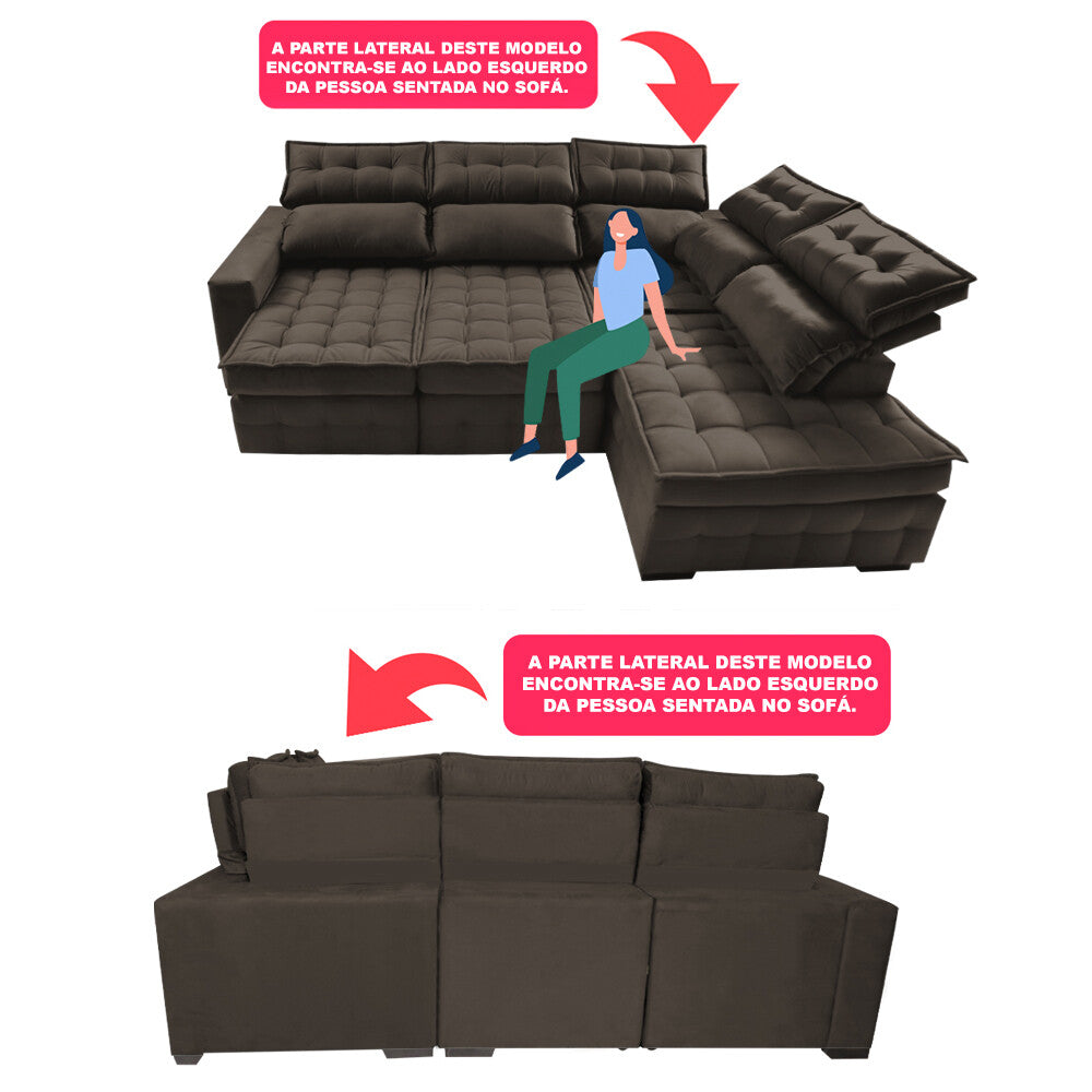 Sofá de Canto Direito Retrátil e Reclinável Nobre com Molas Ensacadas Velusoft Cama inBox