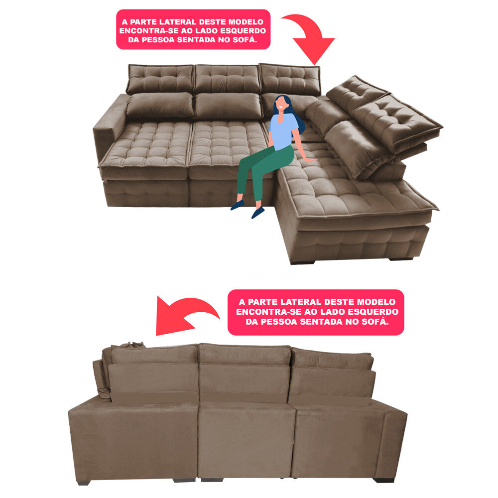Sofá de Canto Direito Retrátil e Reclinável Nobre com Molas Ensacadas Velusoft Cama inBox
