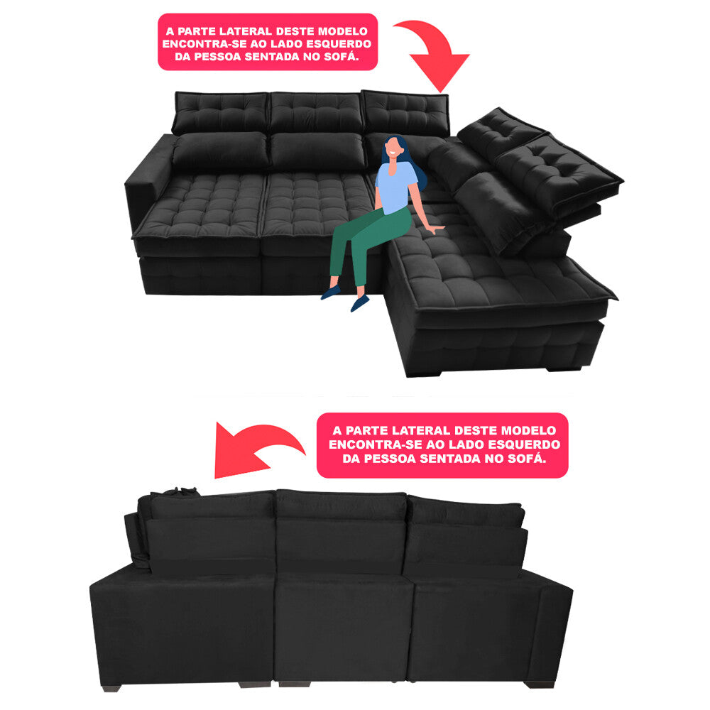 Sofá de Canto Direito Retrátil e Reclinável Nobre com Molas Ensacadas Velusoft Cama inBox