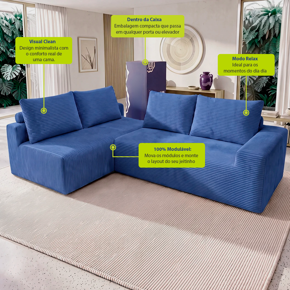 Sofá de Canto Modular Vibe Esquerdo 2,70m x 1,70m Xpand Tech Tecido Velourê Cama inBox