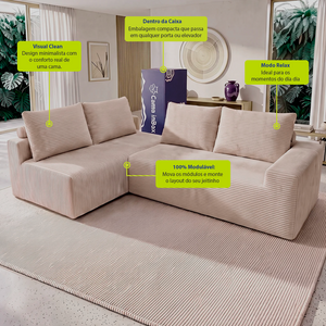 Sofá de Canto Modular Vibe Esquerdo 2,70m x 1,70m Xpand Tech Tecido Velourê Cama inBox