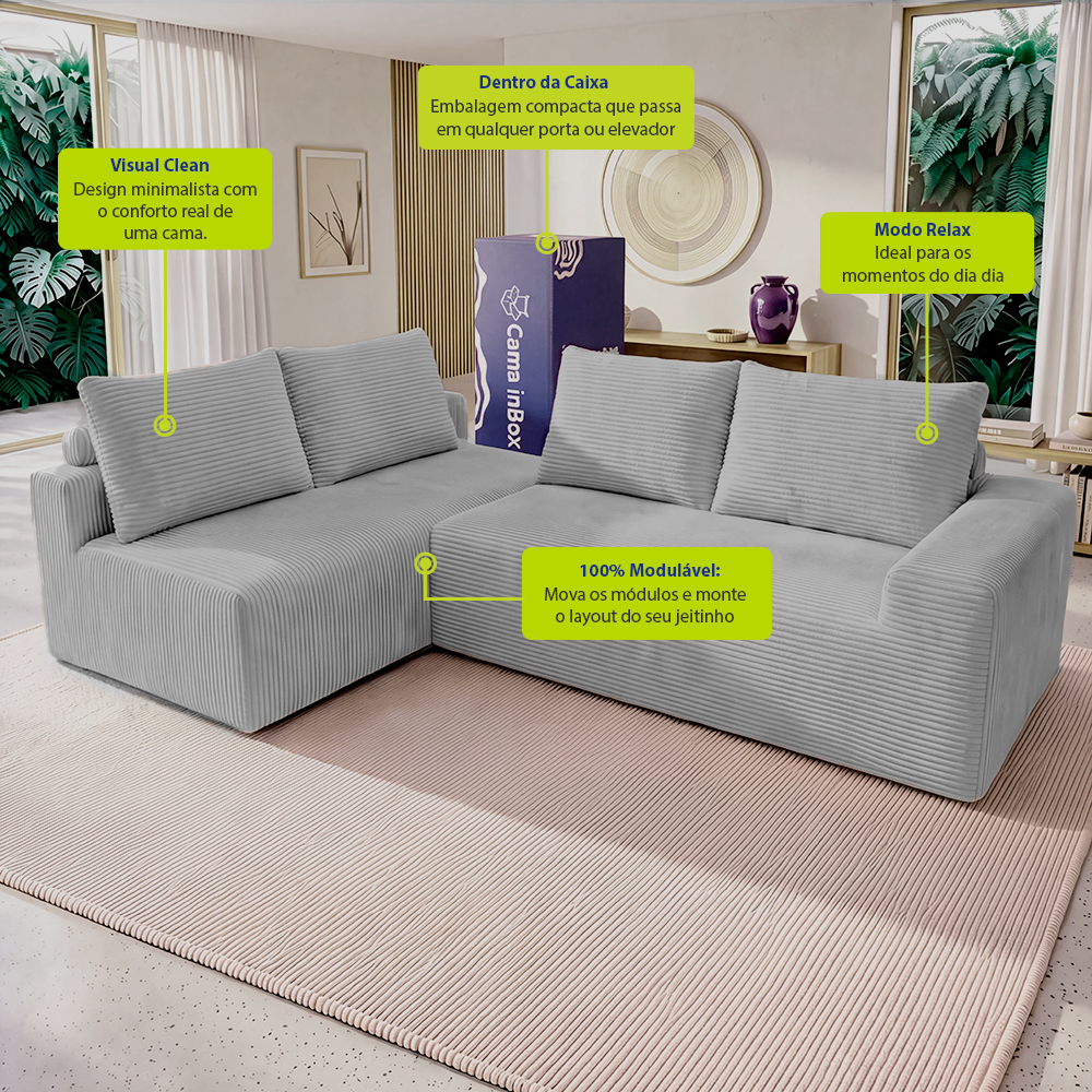 Sofá de Canto Modular Vibe Esquerdo 2,70m x 1,70m Xpand Tech Tecido Velourê Cama inBox