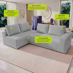 Sofá de Canto Modular Vibe Esquerdo 2,70m x 1,70m Xpand Tech Tecido Velourê Cama inBox
