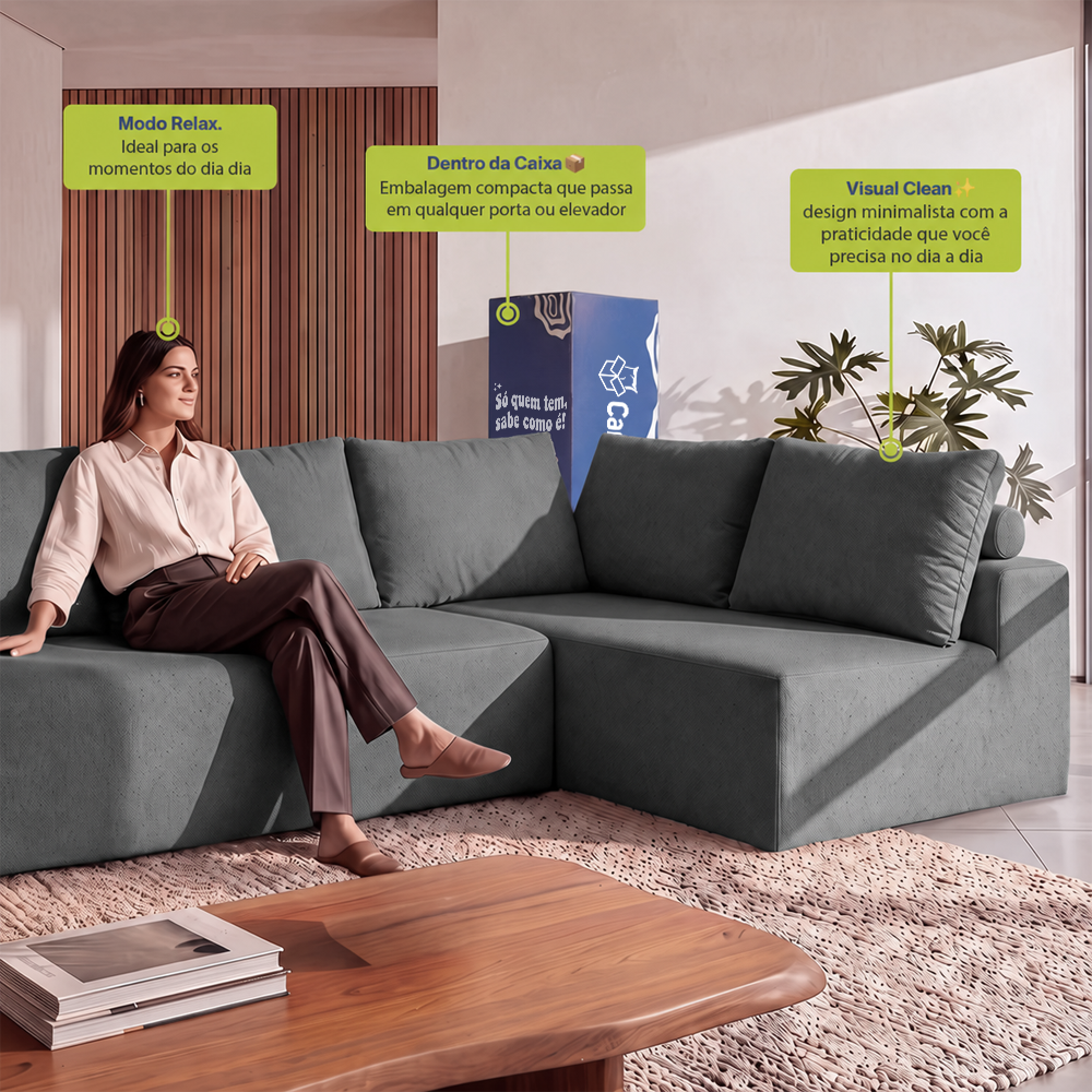 Sofá de Canto Vibe Direito 2,70 x 1,70 BoostTech Bouclê Cama inBox