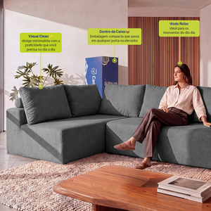 Sofá de Canto Vibe Esquerdo 2,70 x 1,70 BoostTech Bouclê Cama inBox