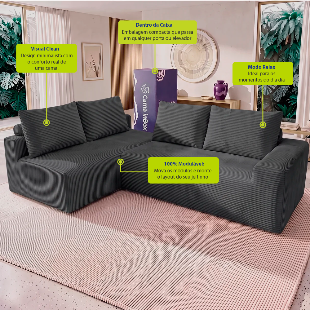 Sofá de Canto Modular Vibe Esquerdo 2,70m x 1,70m Xpand Tech Tecido Velourê Cama inBox
