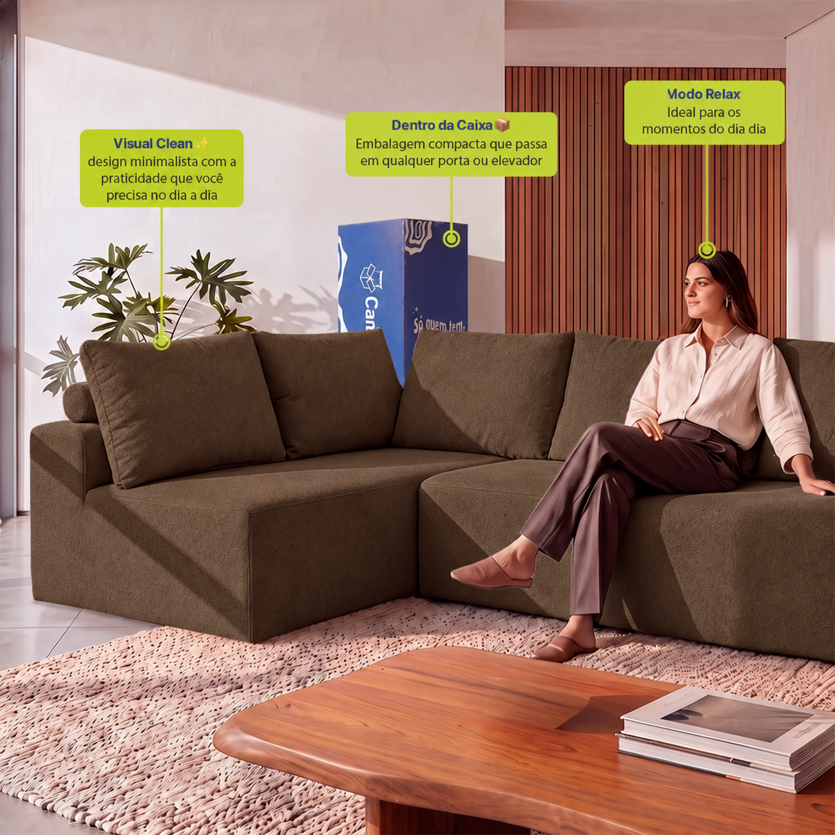 Sofá de Canto Vibe Esquerdo 2,70 x 1,70 BoostTech Bouclê Cama inBox
