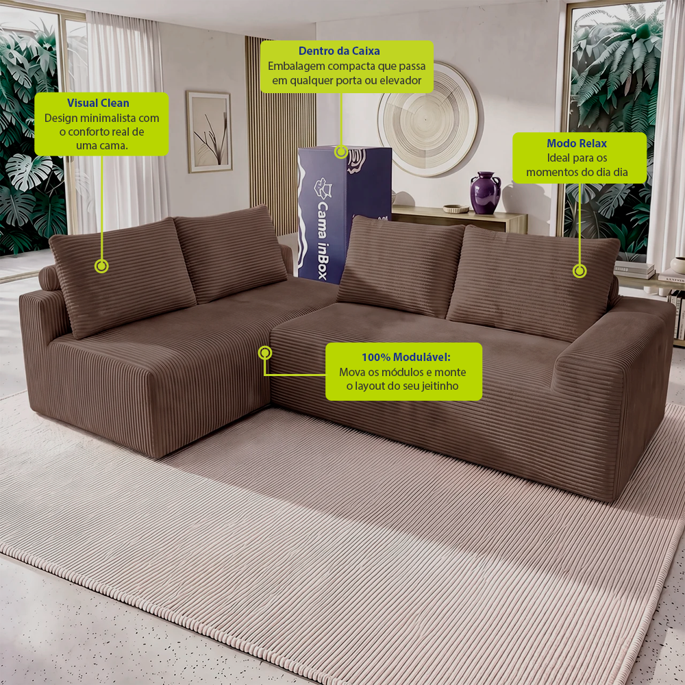 Sofá de Canto Modular Vibe Esquerdo 2,70m x 1,70m Xpand Tech Tecido Velourê Cama inBox