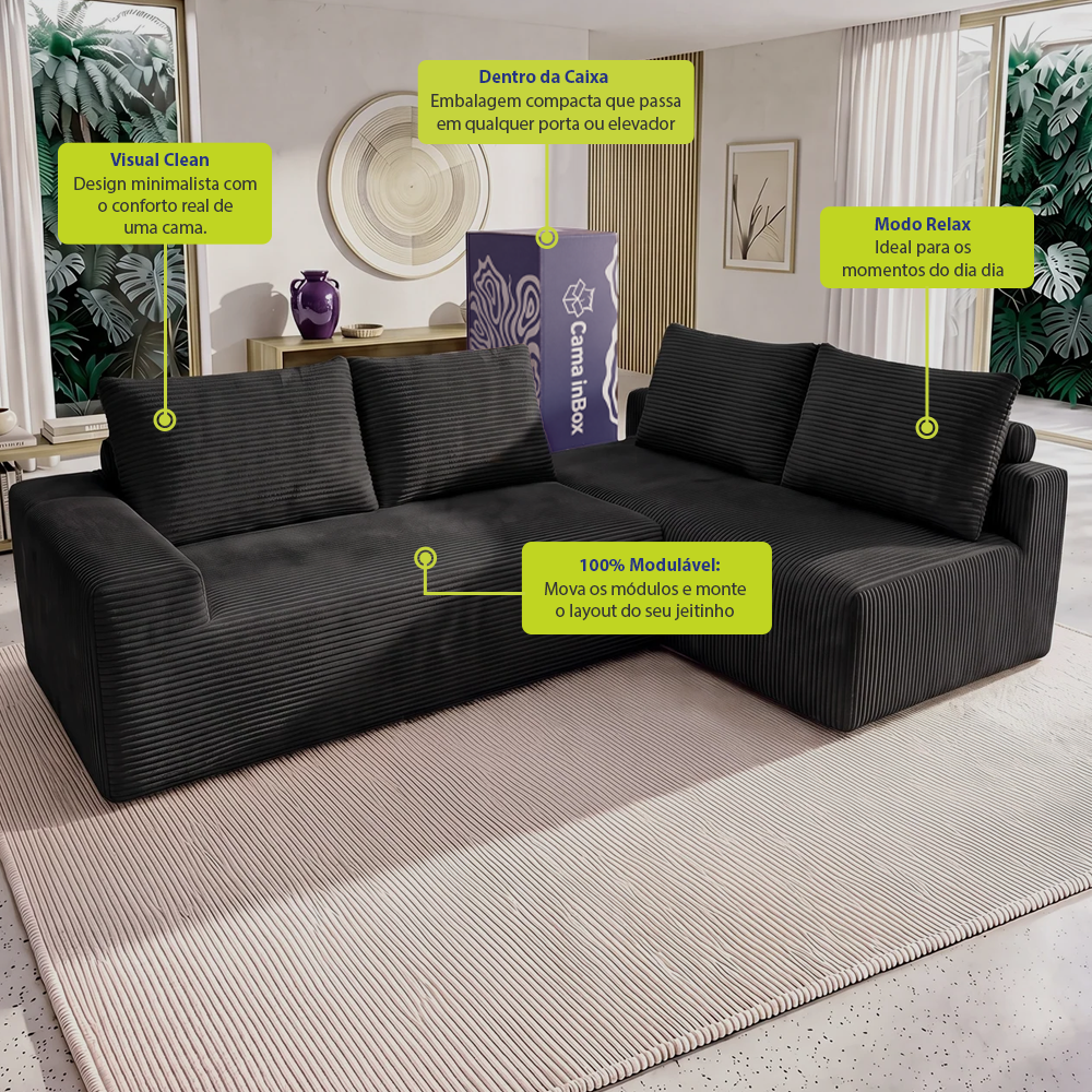 Sofá de Canto Modular Vibe Direito 2,70m x 1,70m Xpand Tech Tecido Velourê Cama inBox