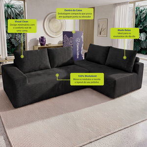Sofá de Canto Modular Vibe Direito 2,70m x 1,70m Xpand Tech Tecido Velourê Cama inBox