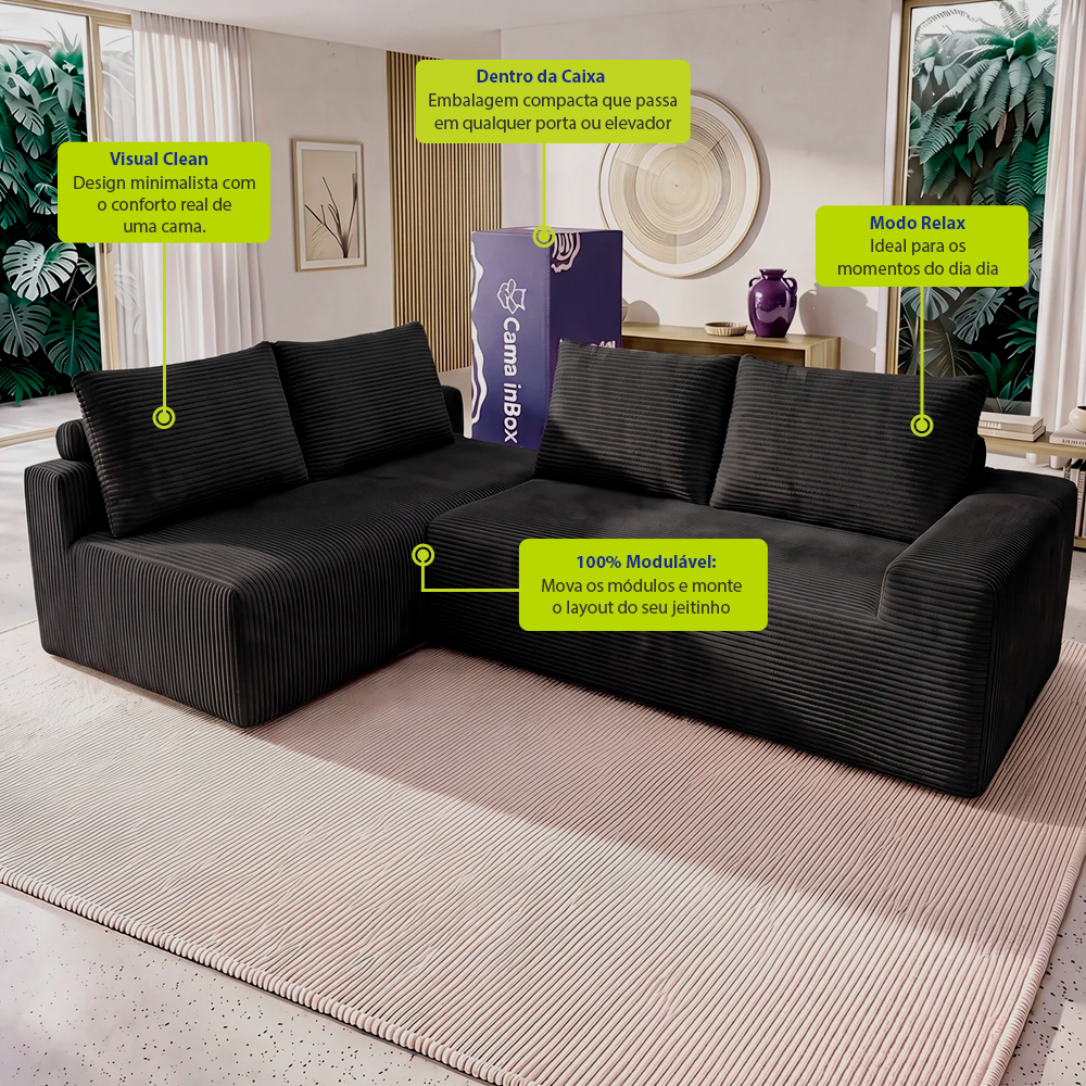 Sofá de Canto Modular Vibe Esquerdo 2,70m x 1,70m Xpand Tech Tecido Velourê Cama inBox