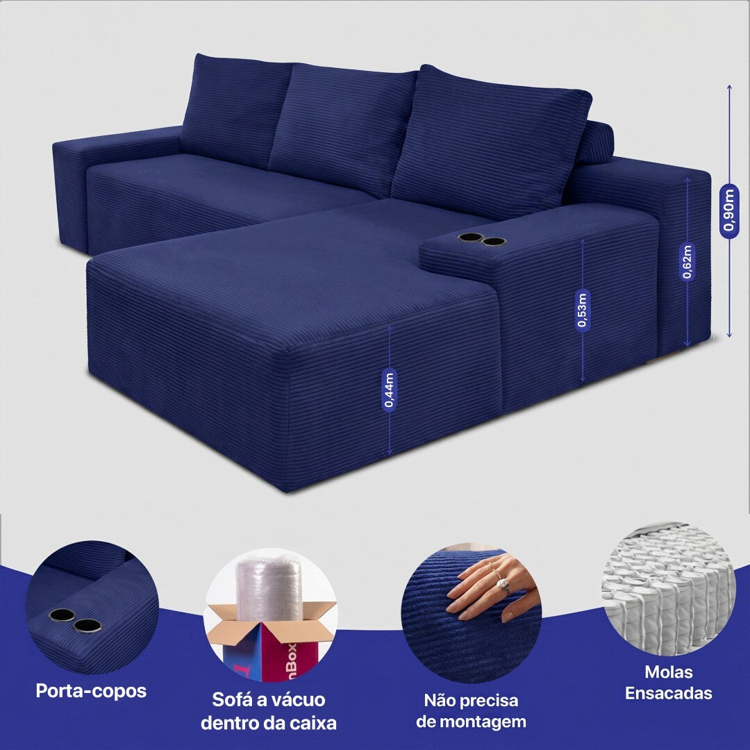Sofá Evo com Chaise Lounge a Vácuo Velourê 3 módulos