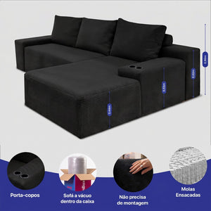 Sofá Evo com Chaise Lounge a Vácuo Velourê 3 módulos