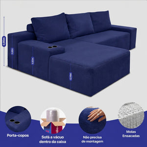Sofá Evo com Chaise Lounge a Vácuo Velourê 3 módulos