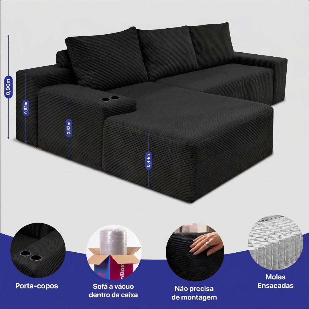Sofá Evo com Chaise Lounge a Vácuo Velourê 3 módulos