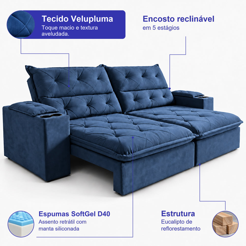 Sofá Retrátil e Reclinável Amalfi com Espuma SoftGel e Carregador USB/USB-C Velupluma Cama inBox