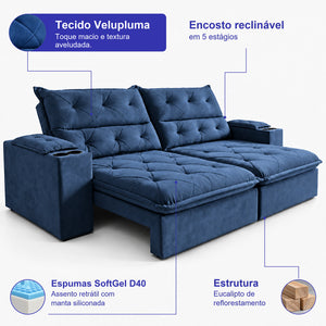 Sofá Retrátil e Reclinável Amalfi com Espuma SoftGel e Carregador USB/USB-C Velupluma Cama inBox