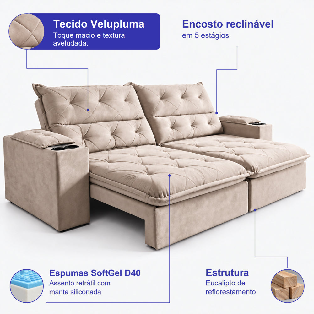 Sofá Retrátil e Reclinável Amalfi com Espuma SoftGel e Carregador USB/USB-C Velupluma Cama inBox