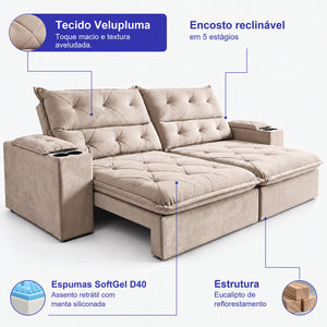 Sofá Retrátil e Reclinável Amalfi com Espuma SoftGel e Carregador USB/USB-C Velupluma Cama inBox