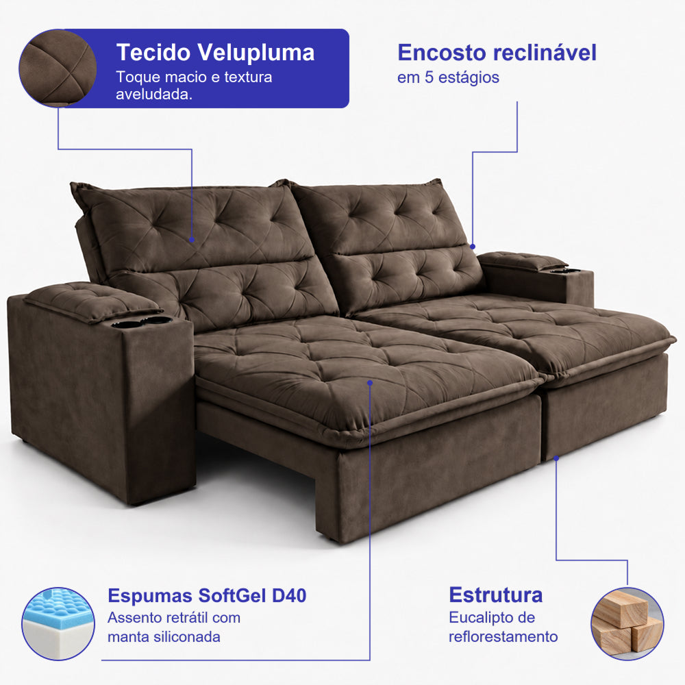 Sofá Retrátil e Reclinável Amalfi com Espuma SoftGel e Carregador USB/USB-C Velupluma Cama inBox