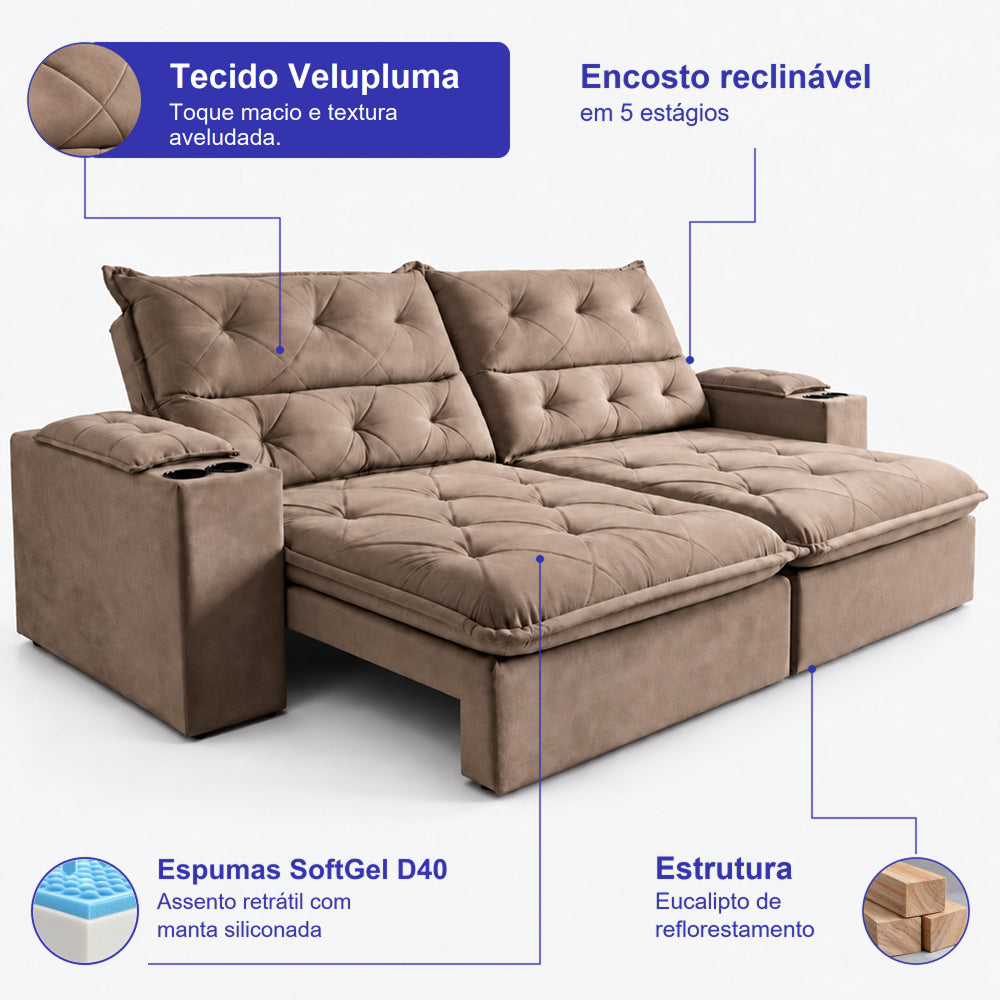 Sofá Retrátil e Reclinável Amalfi com Espuma SoftGel e Carregador USB/USB-C Velupluma Cama inBox