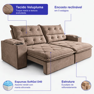 Sofá Retrátil e Reclinável Amalfi com Espuma SoftGel e Carregador USB/USB-C Velupluma Cama inBox