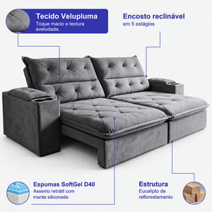 Sofá Retrátil e Reclinável Amalfi com Espuma SoftGel e Carregador USB/USB-C Velupluma Cama inBox