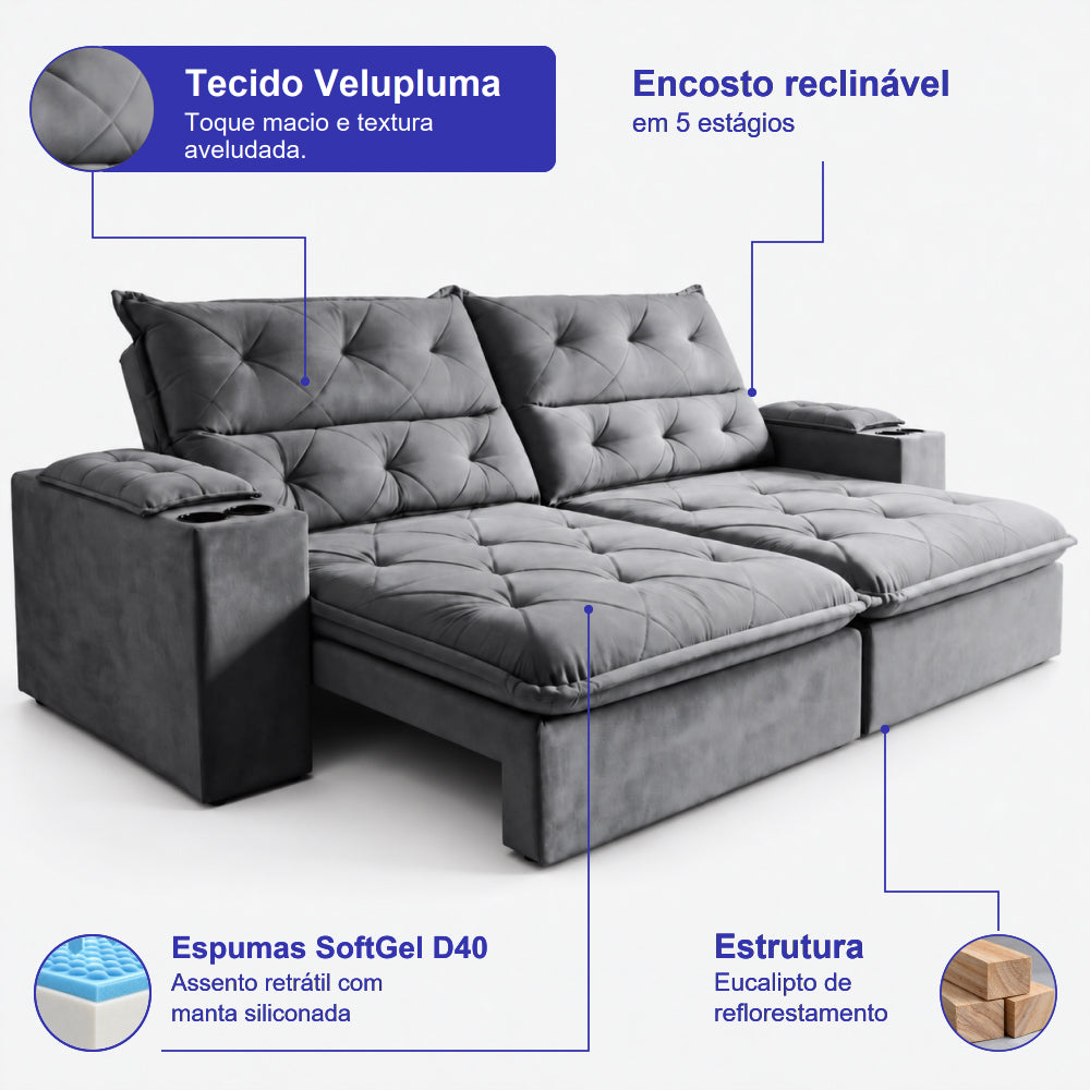 Sofá Retrátil e Reclinável Amalfi com Espuma SoftGel e Carregador USB/USB-C Velupluma Cama inBox